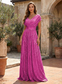 Sequin A-Line/Princess V-Neck Floor-Length Mother of the Bride & Groom Dresses with Ruched Waist