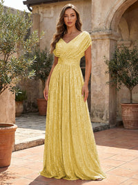 Sequin A-Line/Princess V-Neck Floor-Length Mother of the Bride & Groom Dresses with Ruched Waist