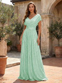 Sequin A-Line/Princess V-Neck Floor-Length Mother of the Bride & Groom Dresses with Ruched Waist
