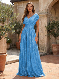 Sequin A-Line/Princess V-Neck Floor-Length Mother of the Bride & Groom Dresses with Ruched Waist