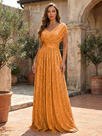Sequin A-Line/Princess V-Neck Floor-Length Mother of the Bride & Groom Dresses with Ruched Waist