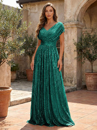 Sequin A-Line/Princess V-Neck Floor-Length Mother of the Bride & Groom Dresses with Ruched Waist