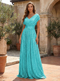 Sequin A-Line/Princess V-Neck Floor-Length Mother of the Bride & Groom Dresses with Ruched Waist