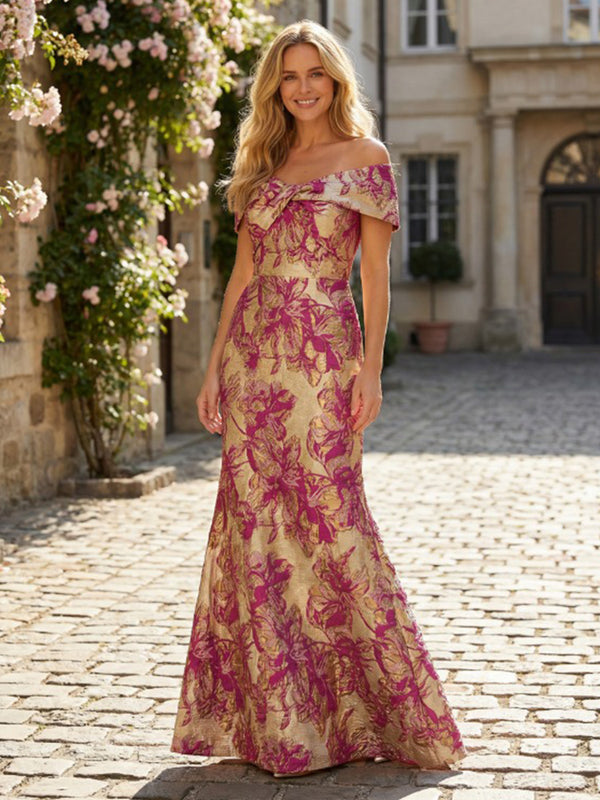 Jacquard Sheath/Column Off Shoulder Floor-Length Mother of the Bride & Groom Dresses for Women