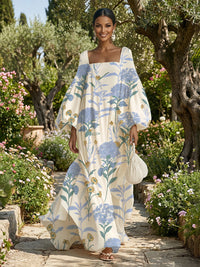 Floral Print Shift Dresses Square Neck Floor-Length Mother of the Bride & Groom Dresses for Women