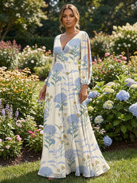 Floral Print A-Line/Princess V-Neck Floor-Length Mother of the Bride & Groom Dresses with Ruched Waist