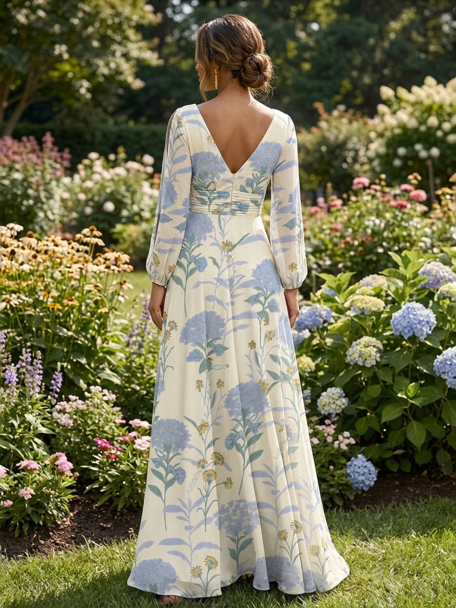 Floral Print A-Line/Princess V-Neck Floor-Length Mother of the Bride & Groom Dresses with Ruched Waist