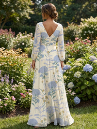Floral Print A-Line/Princess V-Neck Floor-Length Mother of the Bride & Groom Dresses with Ruched Waist