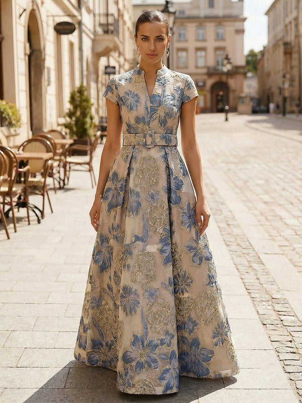 Jacquard A-Line/Princess V-Neck Floor-Length Mother of the Bride & Groom Dresses with Belt