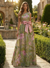 Jacquard A-Line/Princess One Shoulder Floor-Length Mother of the Bride & Groom Dresses with Bow
