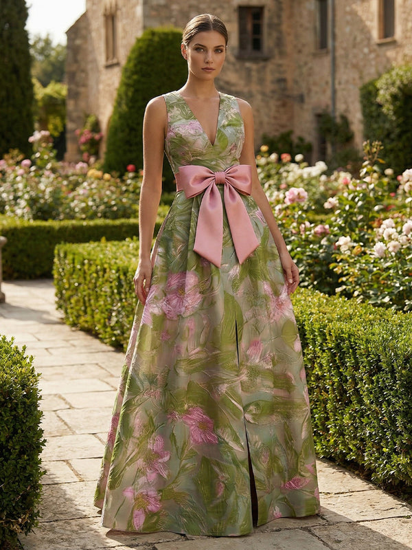 Jacquard A-Line/Princess V-Neck Floor-Length Mother of the Bride & Groom Dresses with Bow