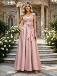 Satin A-Line/Princess V-Neck Floor-Length Mother of the Bride & Groom Dresses with Belt