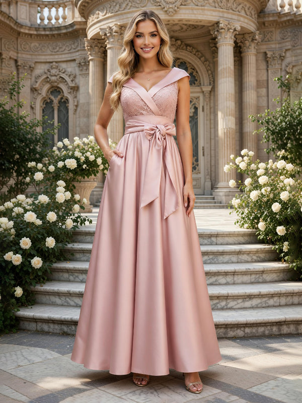 Satin A-Line/Princess V-Neck Floor-Length Mother of the Bride & Groom Dresses with Belt
