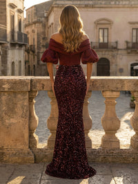 Sequin Mermaid/Trumpet Off Shoulder Floor-Length Evening Dresses with Ruched Bodice
