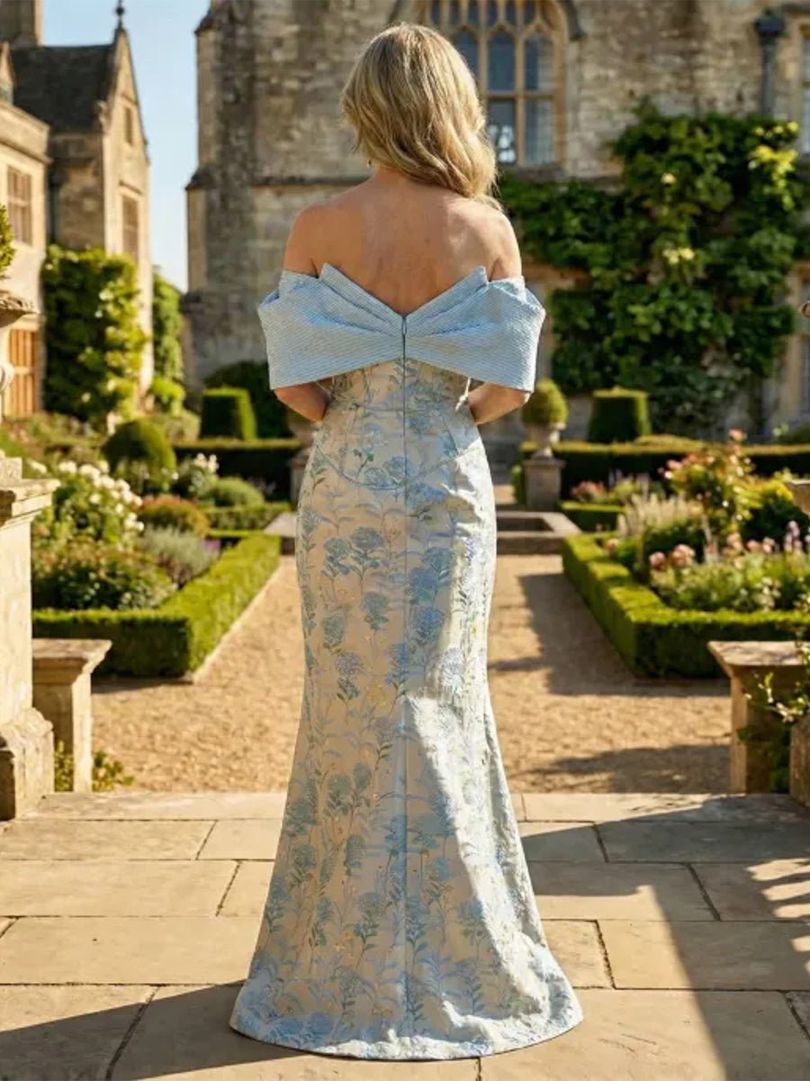Jacquard Sheath/Column Off Shoulder Floor-Length Mother of the Bride & Groom Dresses with Ruched Bodice