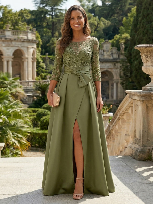 Satin A-Line/Princess Scoop Neck Floor-Length Mother of the Bride & Groom Dresses with Slit