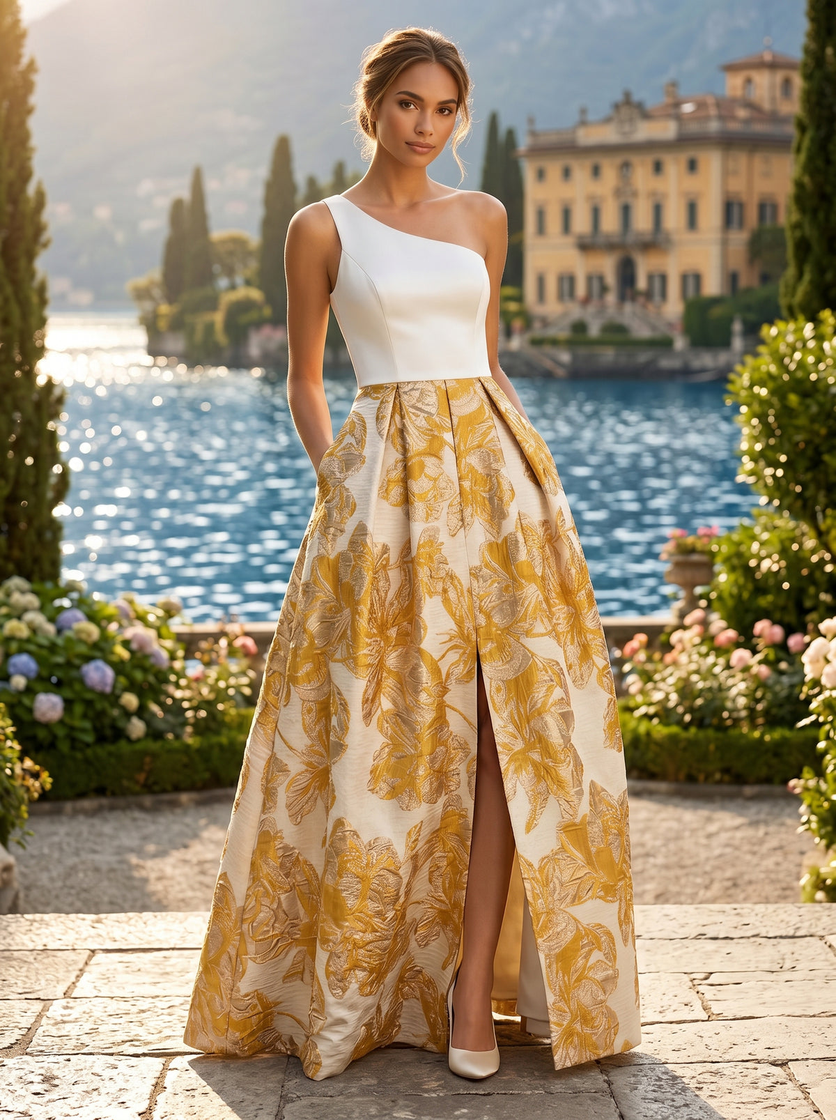 Jacquard A-Line/Princess One Shoulder Floor-Length Evening Dresses with Pockets