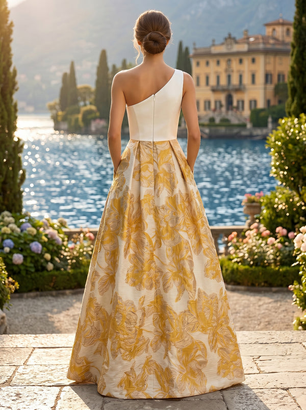 Jacquard A-Line/Princess One Shoulder Floor-Length Evening Dresses with Pockets