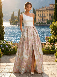 Jacquard A-Line/Princess One Shoulder Floor-Length Evening Dresses with Pockets