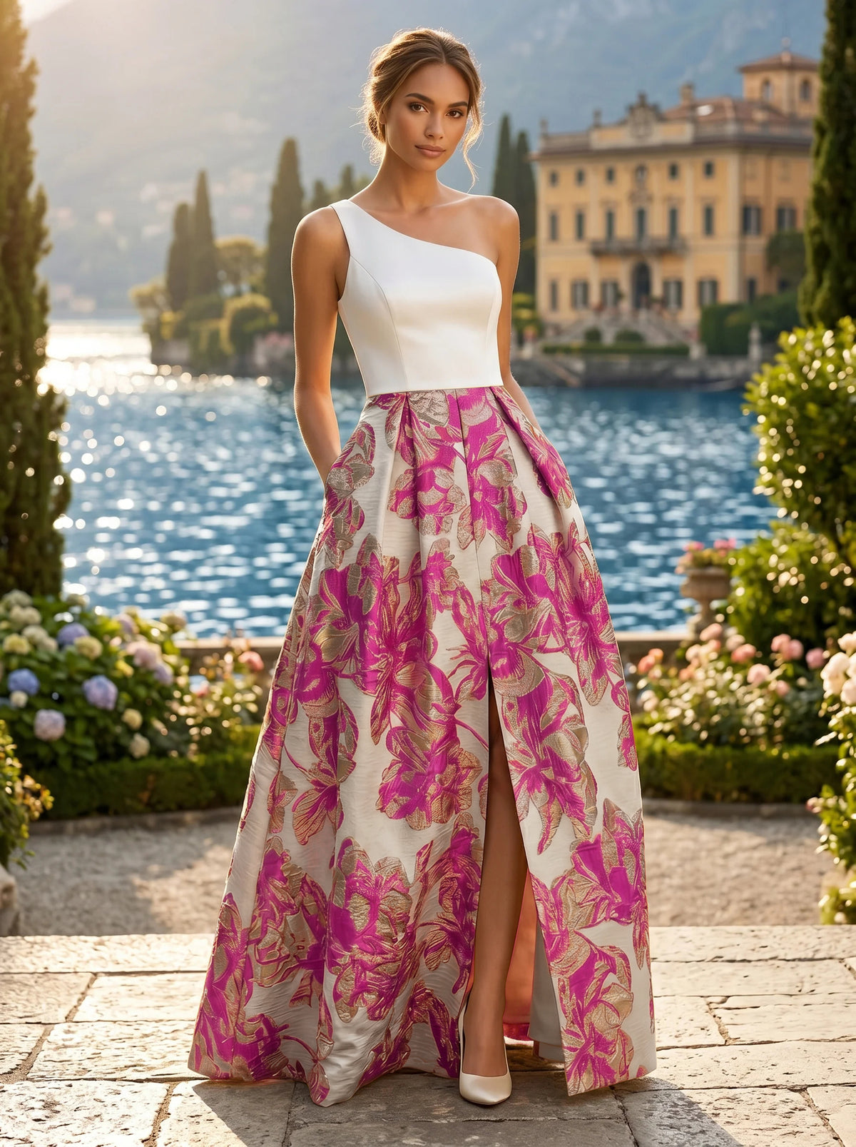 Jacquard A-Line/Princess One Shoulder Floor-Length Evening Dresses with Pockets