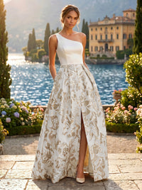 Jacquard A-Line/Princess One Shoulder Floor-Length Evening Dresses with Pockets