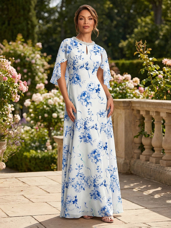 Floral Print A-Line/Princess Scoop Neck Floor-Length Mother of the Bride & Groom Dresses with Rhinestones