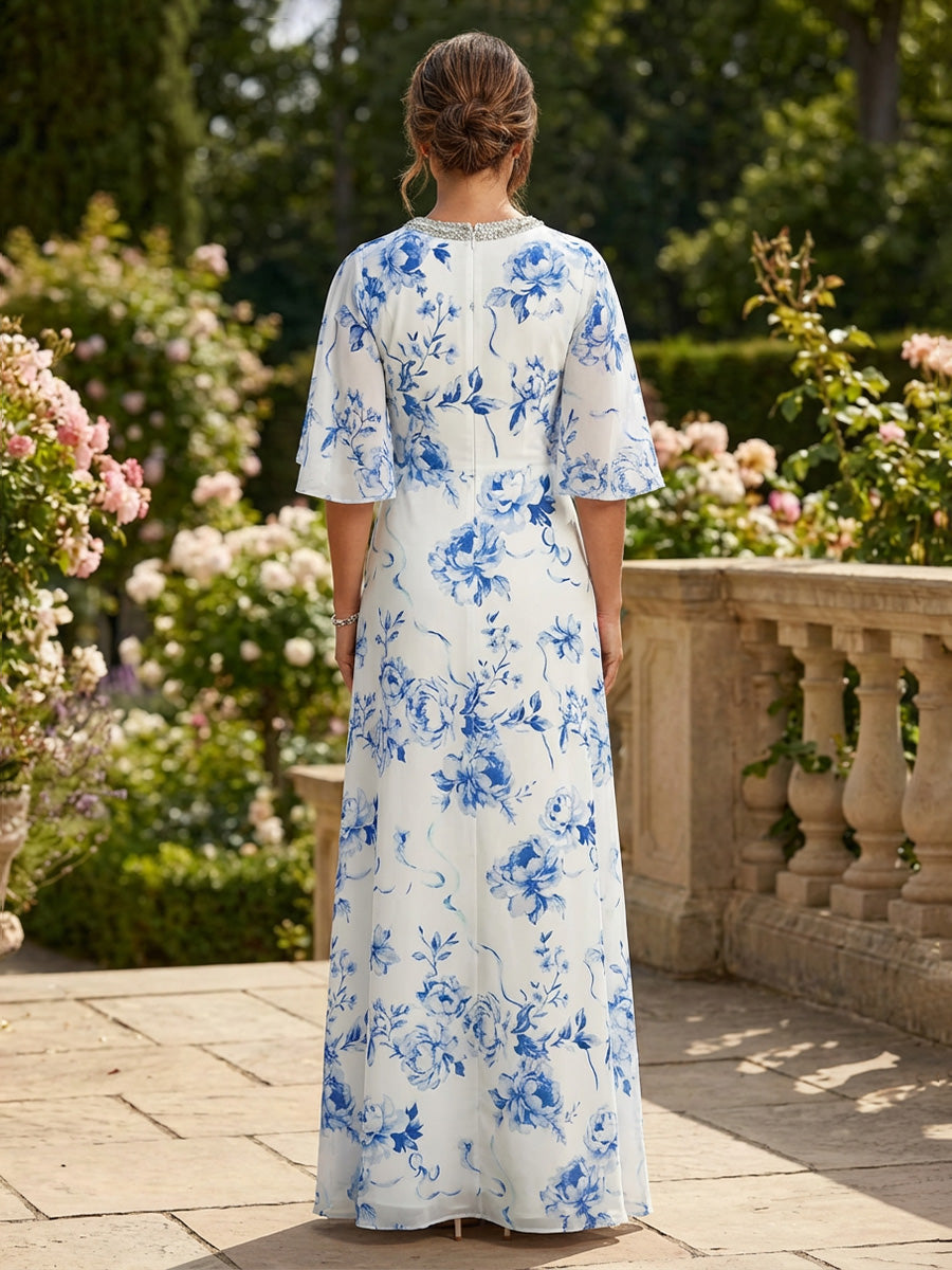 Floral Print A-Line/Princess Scoop Neck Floor-Length Mother of the Bride & Groom Dresses with Rhinestones