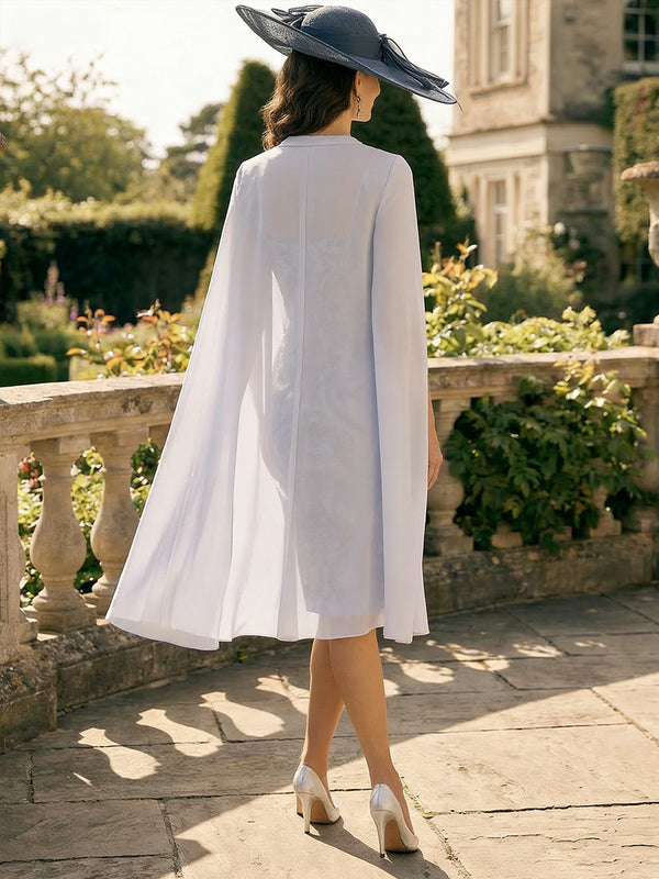 Chiffon Sheath/Column Scoop Neck Tea-Length Mother of the Bride & Groom Dresses with Cape