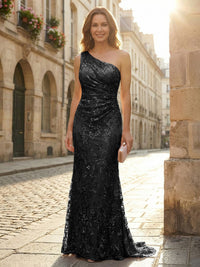 Lace Sheath/Column One Shoulder Floor-Length Mother of the Bride & Groom Dresses with Ruched Waist