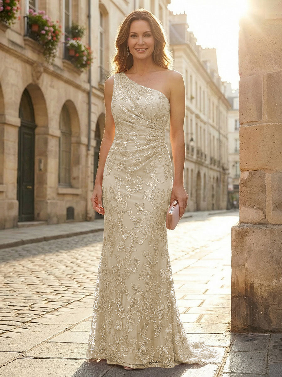 Lace Sheath/Column One Shoulder Floor-Length Mother of the Bride & Groom Dresses with Ruched Waist