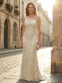 Lace Sheath/Column One Shoulder Floor-Length Mother of the Bride & Groom Dresses with Ruched Waist
