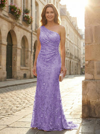 Lace Sheath/Column One Shoulder Floor-Length Mother of the Bride & Groom Dresses with Ruched Waist