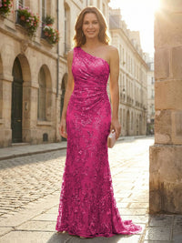 Lace Sheath/Column One Shoulder Floor-Length Mother of the Bride & Groom Dresses with Ruched Waist