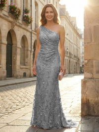 Lace Sheath/Column One Shoulder Floor-Length Mother of the Bride & Groom Dresses with Ruched Waist