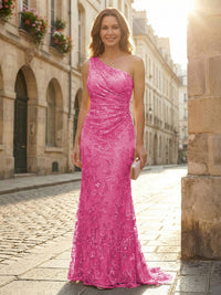 Lace Sheath/Column One Shoulder Floor-Length Mother of the Bride & Groom Dresses with Ruched Waist