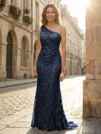 Lace Sheath/Column One Shoulder Floor-Length Mother of the Bride & Groom Dresses with Ruched Waist