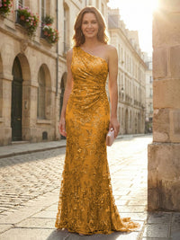 Lace Sheath/Column One Shoulder Floor-Length Mother of the Bride & Groom Dresses with Ruched Waist