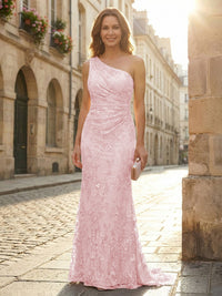 Lace Sheath/Column One Shoulder Floor-Length Mother of the Bride & Groom Dresses with Ruched Waist