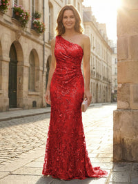 Lace Sheath/Column One Shoulder Floor-Length Mother of the Bride & Groom Dresses with Ruched Waist