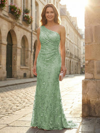 Lace Sheath/Column One Shoulder Floor-Length Mother of the Bride & Groom Dresses with Ruched Waist