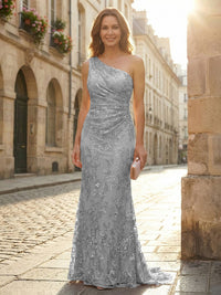 Lace Sheath/Column One Shoulder Floor-Length Mother of the Bride & Groom Dresses with Ruched Waist