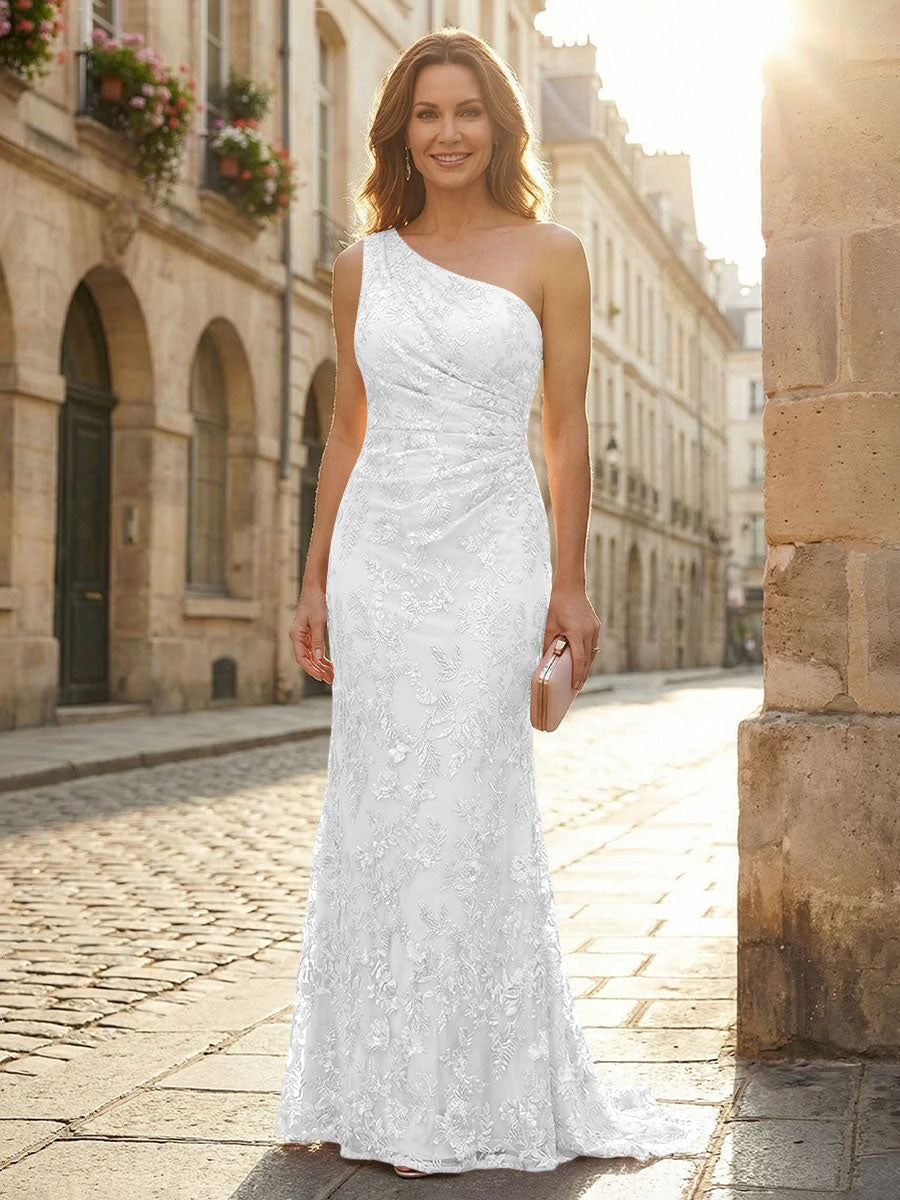 Lace Sheath/Column One Shoulder Floor-Length Mother of the Bride & Groom Dresses with Ruched Waist