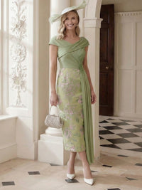 Jacquard Sheath/Column V-Neck Tea-Length Mother of the Bride & Groom Dresses with Ruched Bodice