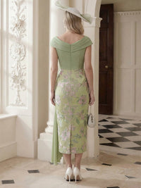 Jacquard Sheath/Column V-Neck Tea-Length Mother of the Bride & Groom Dresses with Ruched Bodice