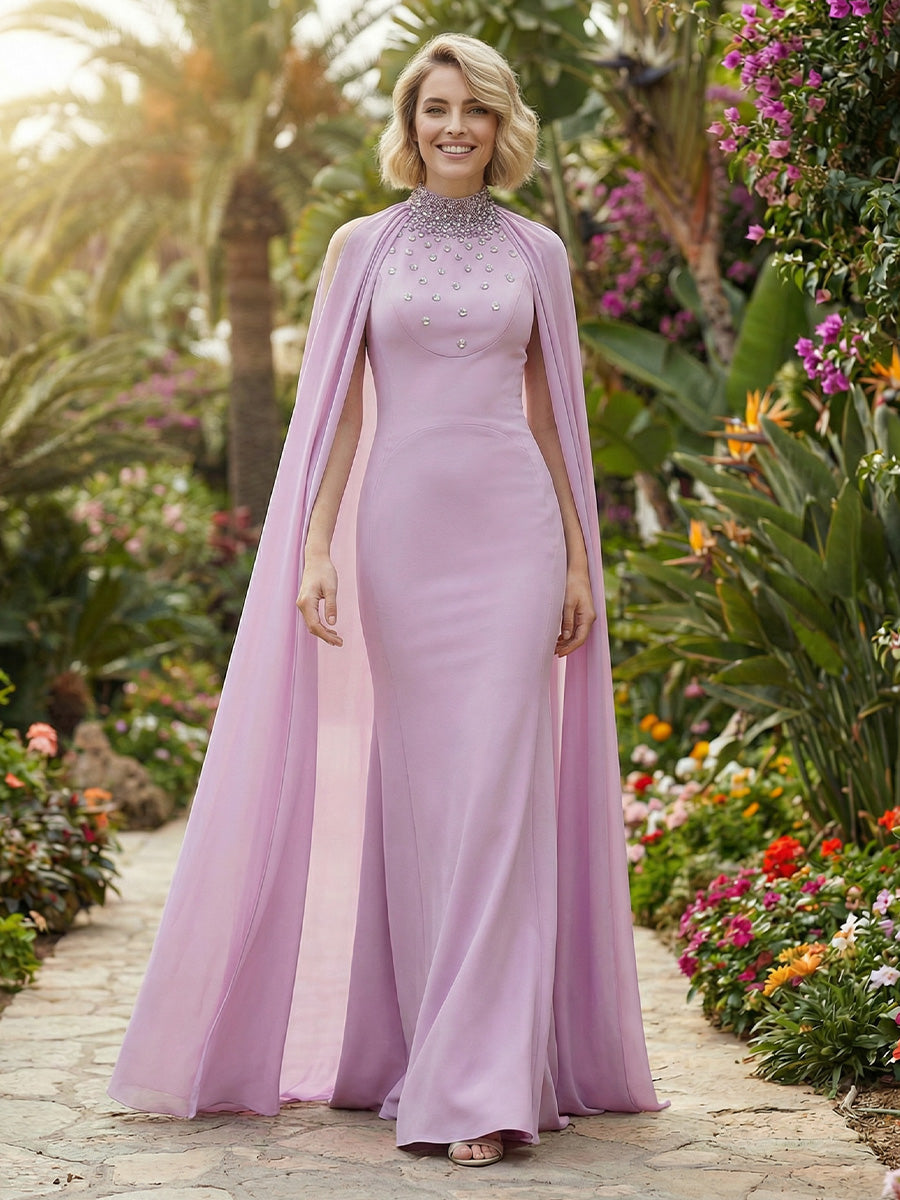 Chiffon Sheath/Column High Neck Floor-Length Mother of the Bride & Groom Dresses with Rhinestones