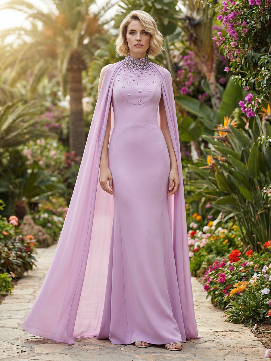 Chiffon Sheath/Column High Neck Floor-Length Mother of the Bride & Groom Dresses with Rhinestones