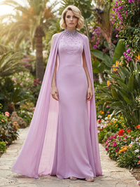 Chiffon Sheath/Column High Neck Floor-Length Mother of the Bride & Groom Dresses with Rhinestones