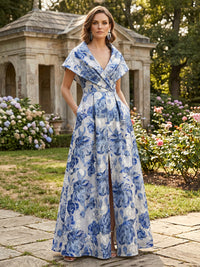 Jacquard A-Line/Princess V-Neck Floor-Length Mother of the Bride & Groom Dresses with Ruched Waist & Slit