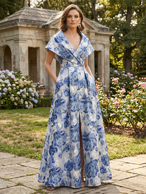 Jacquard A-Line/Princess V-Neck Floor-Length Mother of the Bride & Groom Dresses with Ruched Waist & Slit