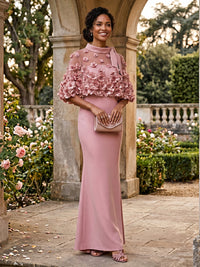 Satin Sheath/Column High Neck Floor-Length Mother of the Bride & Groom Dresses with 3D Flowers